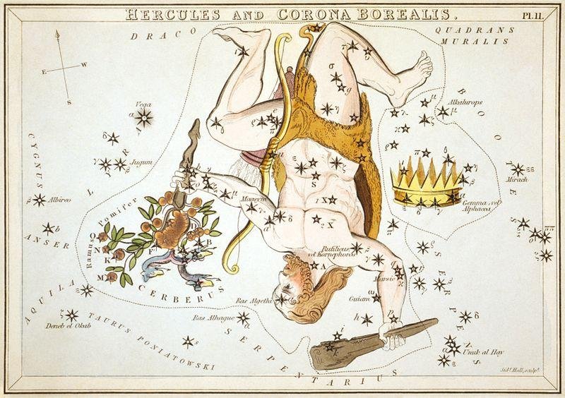 A depiction of the Hercules and Corona Borealis constellations, showcasing the stars and their arrangements in the night sky.