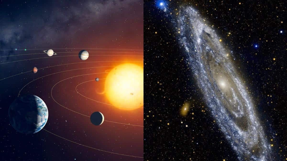 A graphic representing the comparison between a solar system and a galaxy, illustrating their size differences.