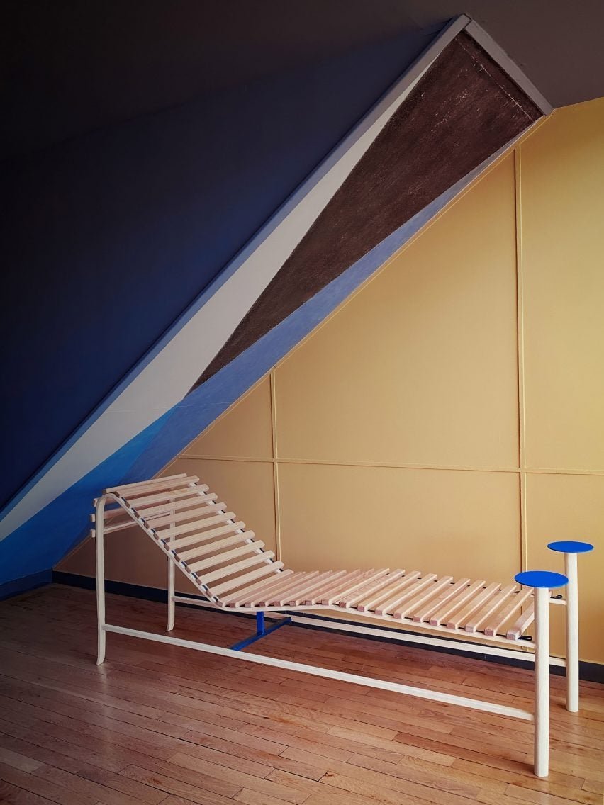 A chaise longue designed specifically for the exhibition at the Cité Radieuse, showing a blend of modern design and historical context.