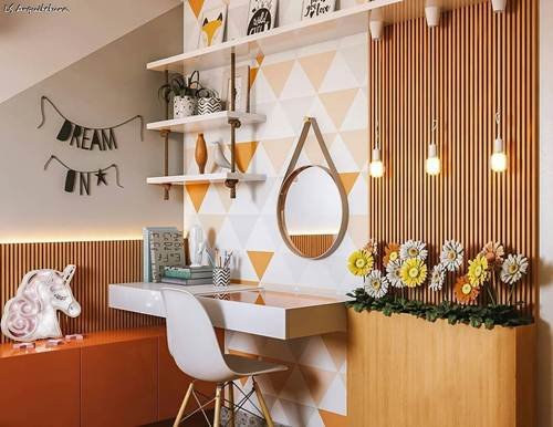 image of a suspended desk in warm colors designed to match the room decor