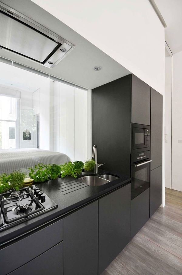 A small kitchen design focused on black cabinets