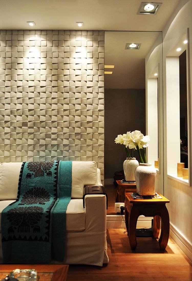 3D plaster wall with built-in mirror, making the home much more elegant and sophisticated