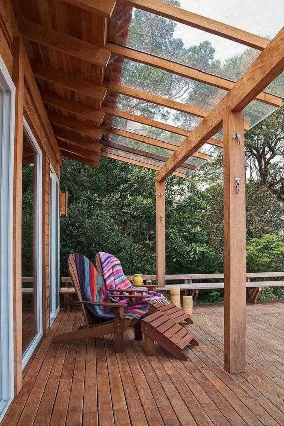 Pergola serves as the base for the resting space and also helps to decorate the pool and its outflow.