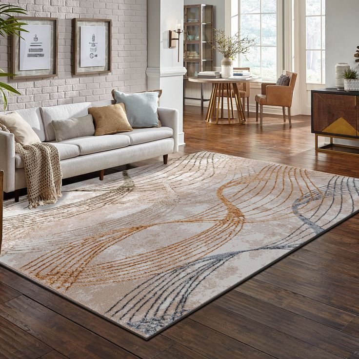 A long living room divided by a rug