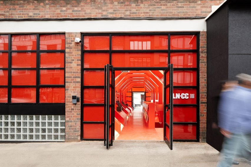 The LN-CC store in east London has a red facade