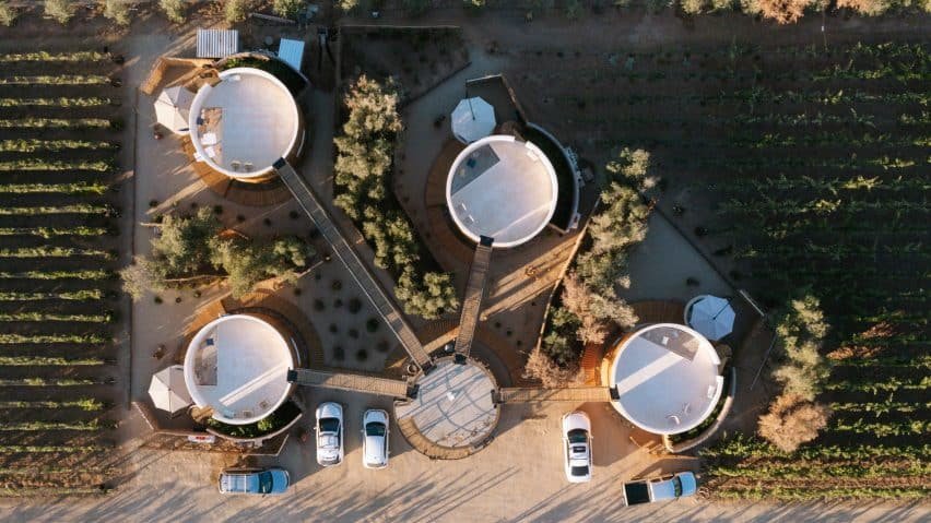 Round cabins designed for vacation rentals in a vineyard in Mexico.