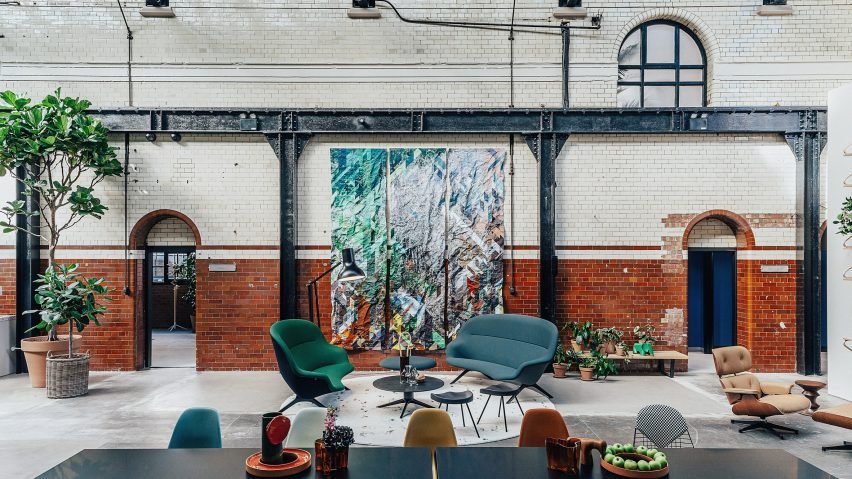 Vitra's showroom in the bustling Houthavens district, located within an old industrial munitions complex, showcasing their furniture collections.