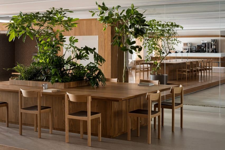 Large desks with planting provide greenery amidst the workspace.