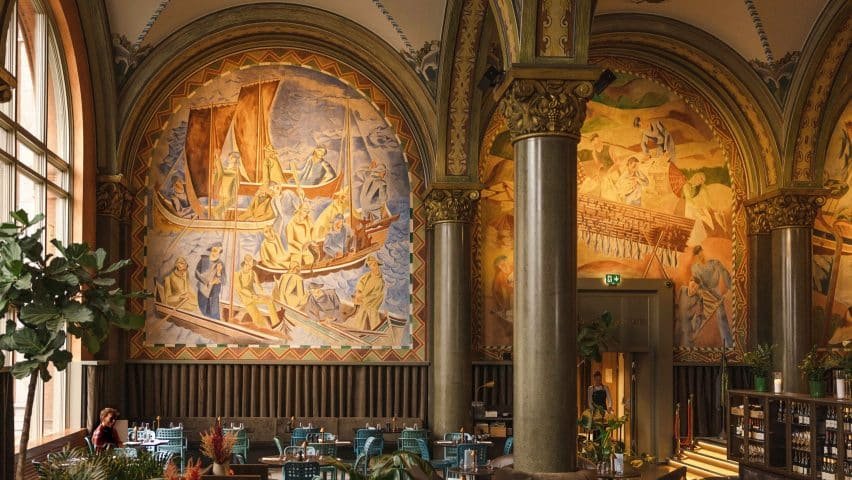 Restored historic paintings cover walls of converted Frescohallen restaurant