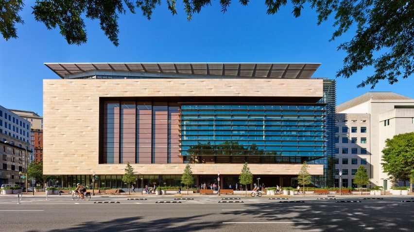 Architectural image of John Hopkins University Bloomberg Center in Washington, DC.