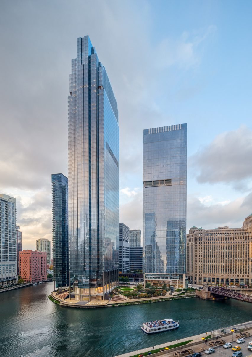 Two glass towers along the Chicago river