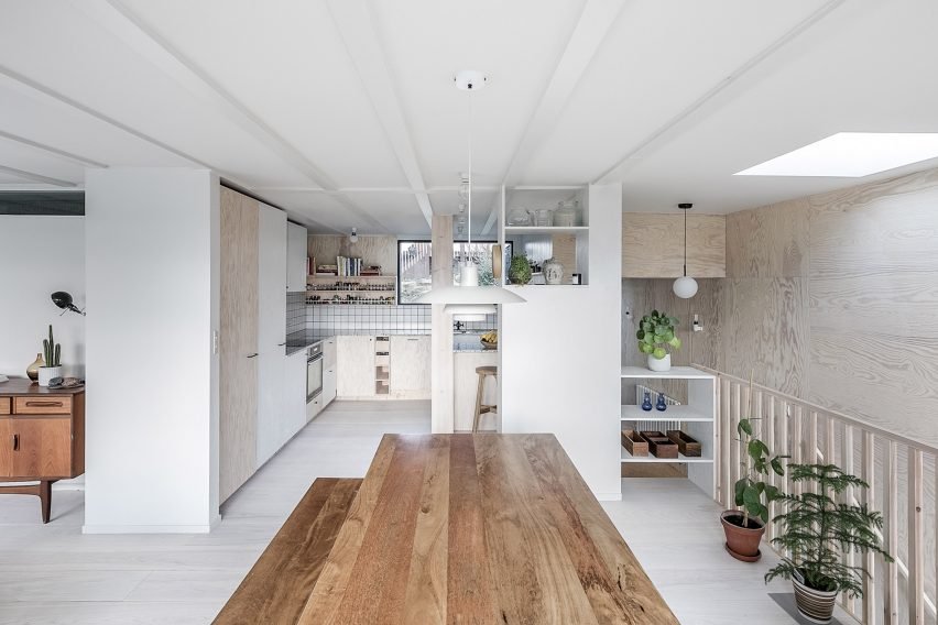 Picture of Segal House in UK, highlighting the extensive use of plywood and cost-effective materials in renovation.