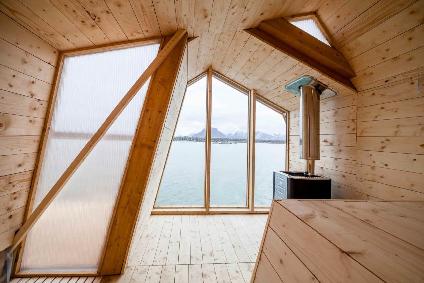 The Bands sauna designed by Oslo School of Architecture and Design students, featuring staggered timber bands forming a picnic terrace.