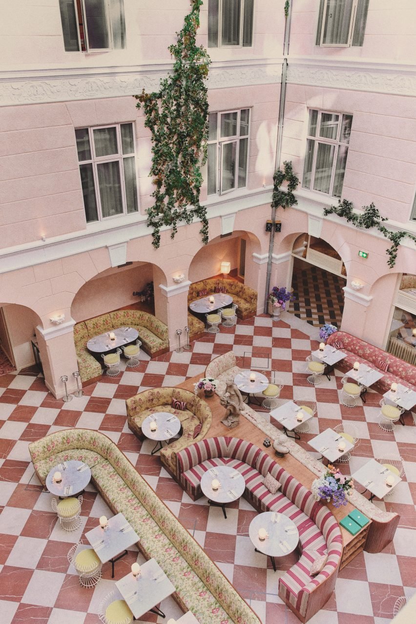 Interior courtyard of the hotel, now a prominent focal point after refurbishment with soundproof features and acoustic foam.