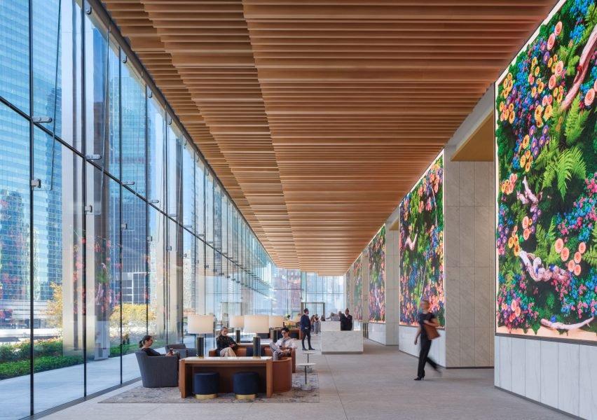 Interior view of the lobby showcasing the elegant wooden ceiling design.